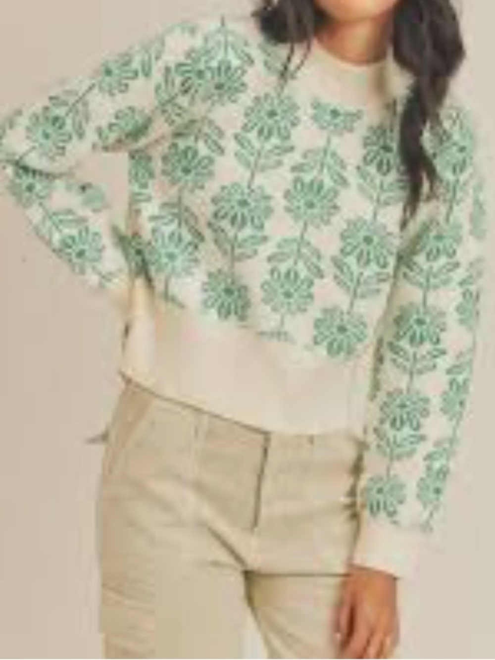&merci Cream Crewneck Sweater with Green  Floral Jacquard Size M